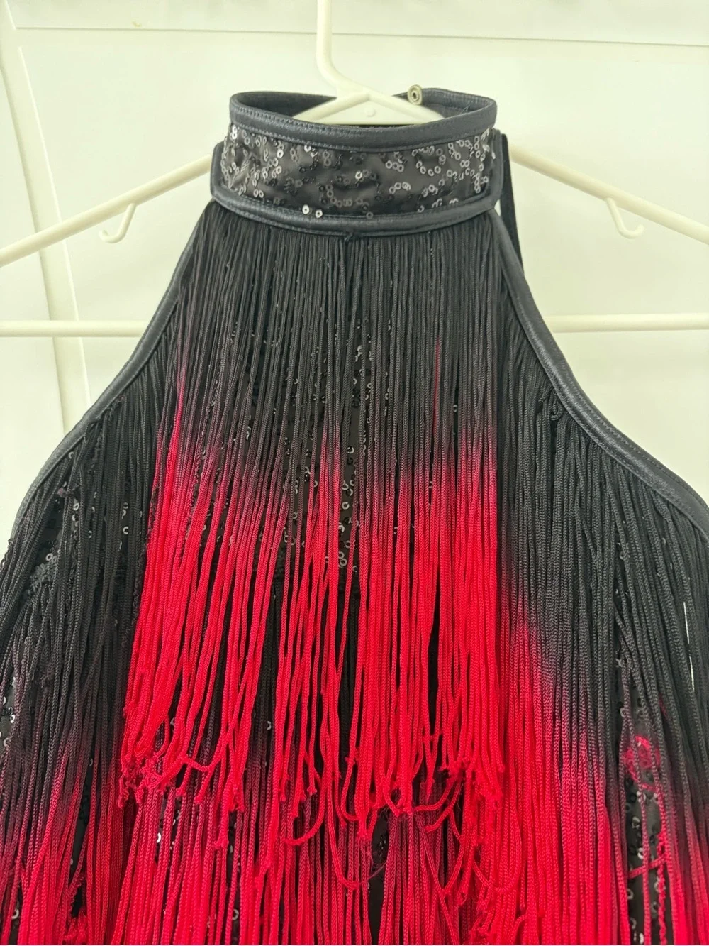 Weissman Fringe Dance Costume Kids LC Red Black Sequin Jazz Tap Leotard